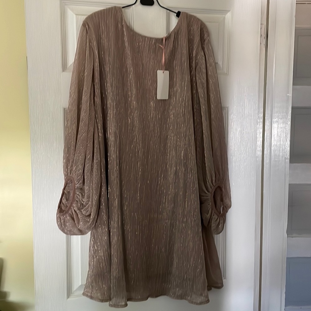 Taupe shimmer dress with tiny pleats & puffed sleeves size large